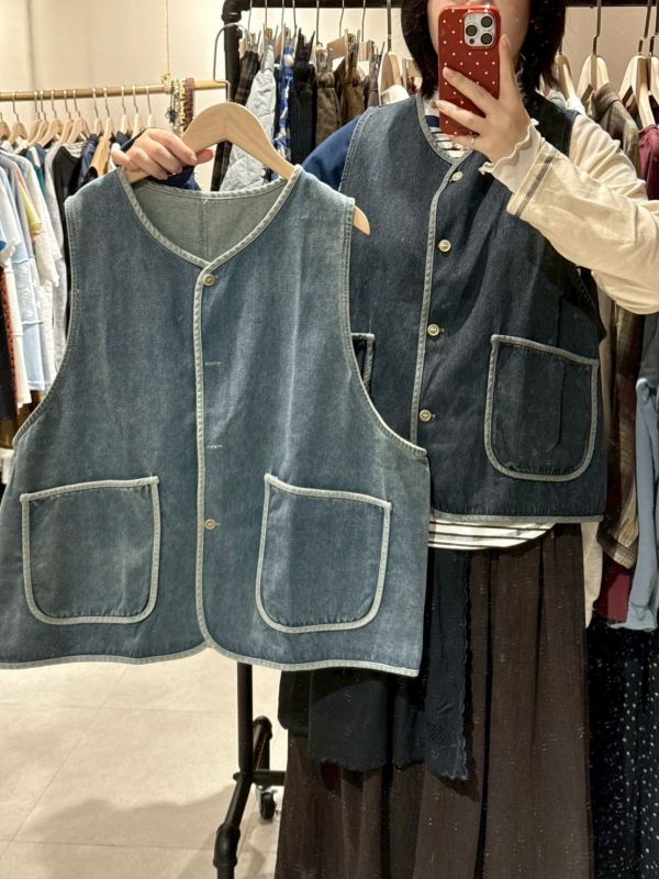 撞色邊大口袋寬鬆牛仔背心 