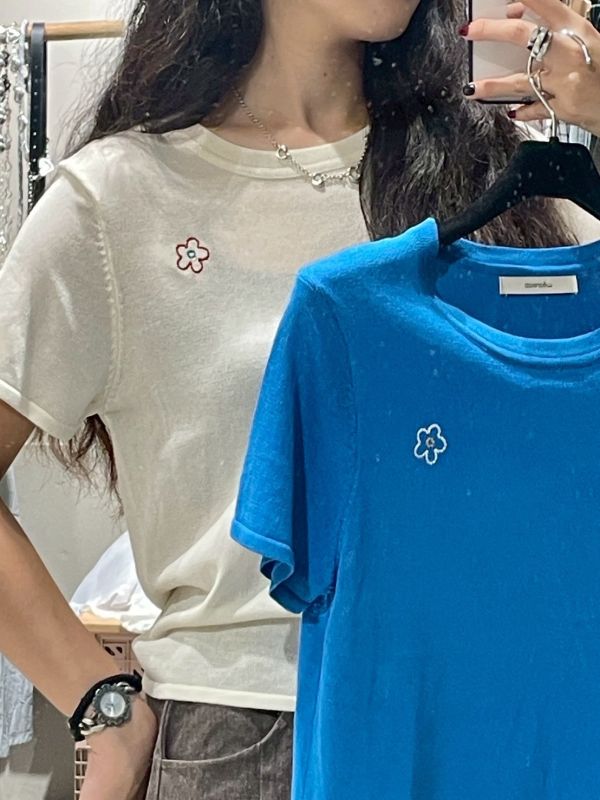 撞色小花針織短袖圓領上衣 