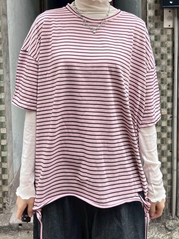 破壞感條紋落肩短袖上衣 