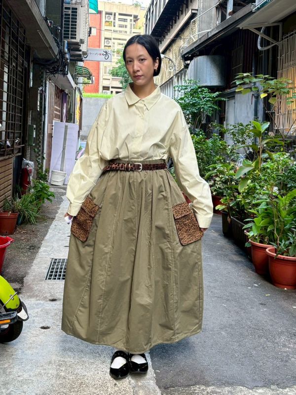 豹紋立體大口袋拼接工裝裙 