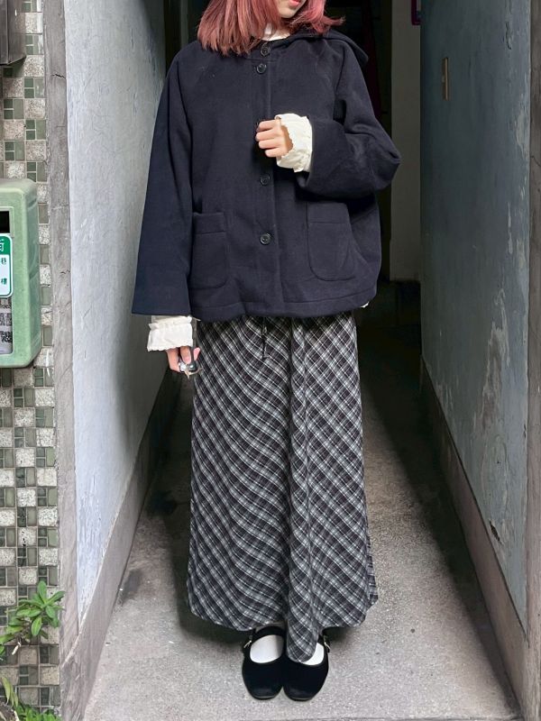 藏藍厚毛呢連帽排扣外套 