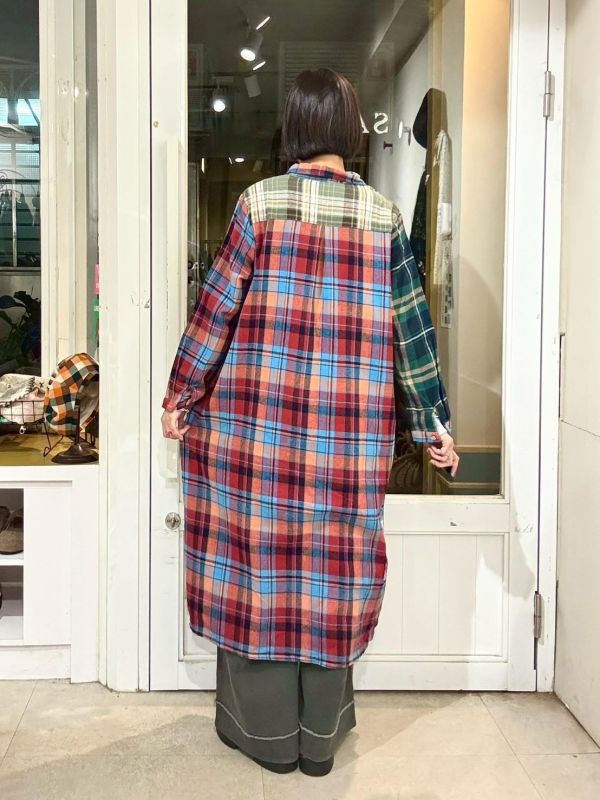 拼接格紋長版襯衫洋裝 