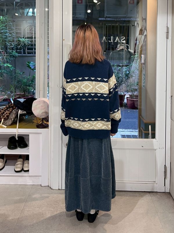 藏藍復古菱格紋針織拉鏈毛衣 