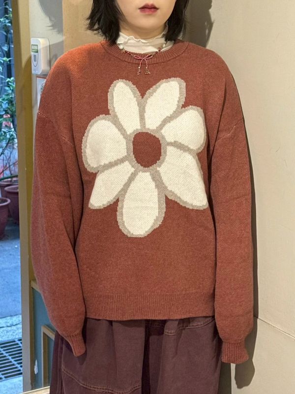 大花朵橘紅毛衣 