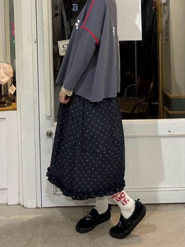 波點木耳滾邊裙擺牛仔裙 