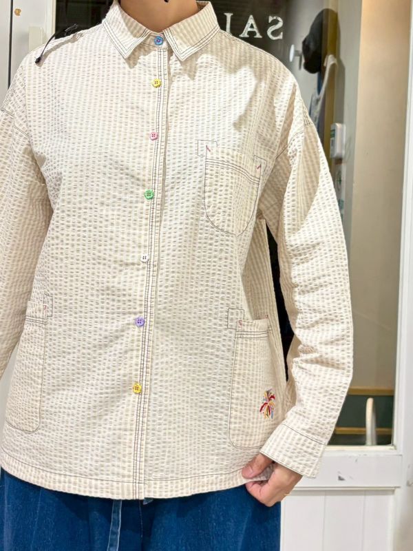 泡泡布彩色花朵鈕釦條紋襯衫 