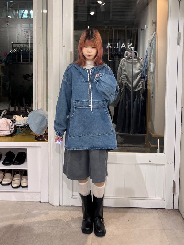 前短後長連帽抽繩大口袋牛仔長袖上衣 