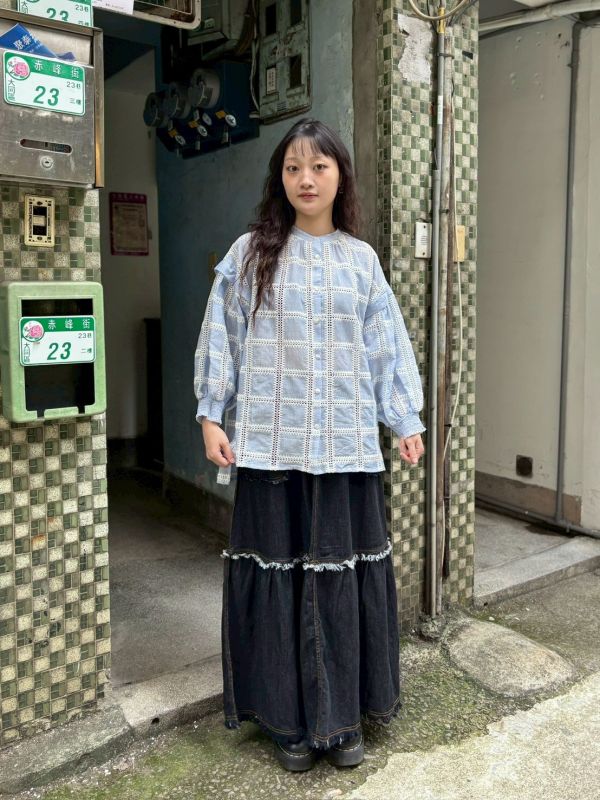 方格鏤空刺繡亨利領襯衫 