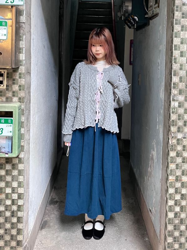 粗針織毛線撞色滾邊綁帶長袖外套 