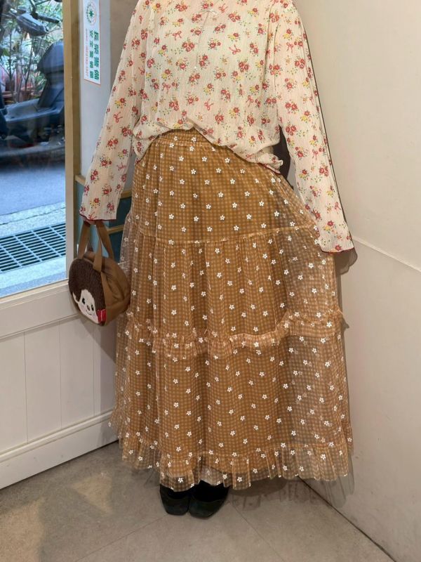 亮粉小花格紋荷葉鬆緊腰紗裙 