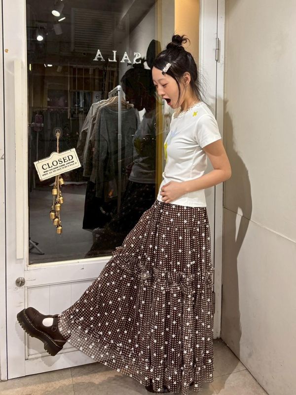 滿版小白花格子蛋糕紗裙 