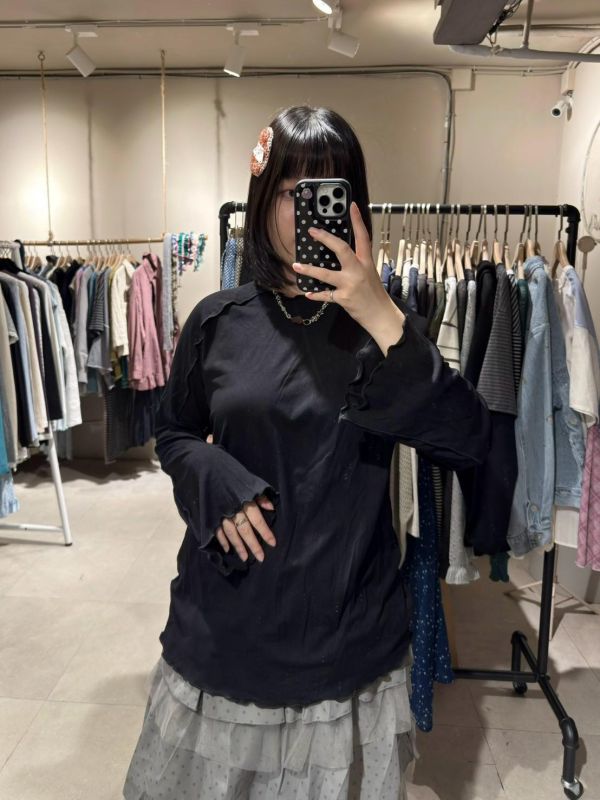棉質捲邊寬鬆喇叭袖上衣 