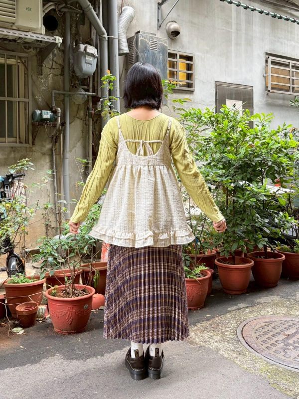 格紋後綁帶蛋糕層次下擺細肩帶背心 