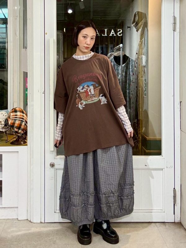 褲腳木耳細格紋花苞褲 