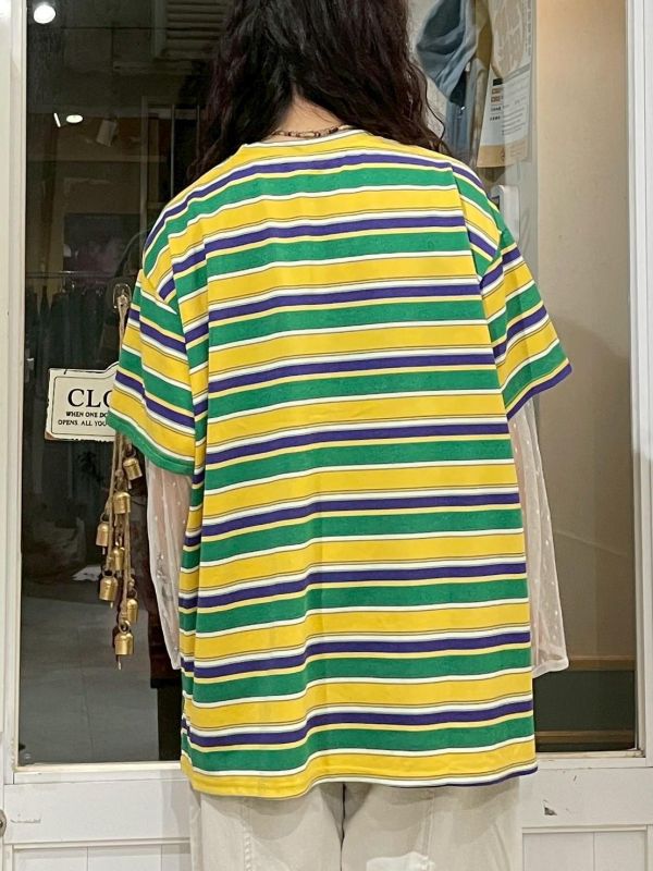 撞色條紋拼接波點假兩件落肩寬鬆上衣 