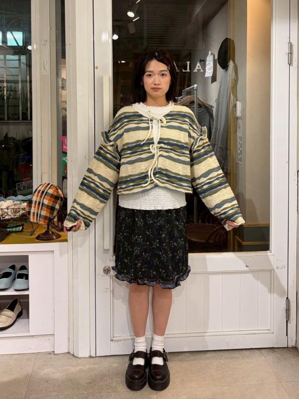 撞色波浪橫條綁帶外罩 