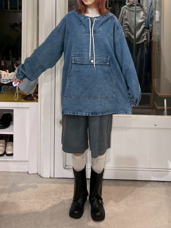 前短後長連帽抽繩大口袋牛仔長袖上衣 