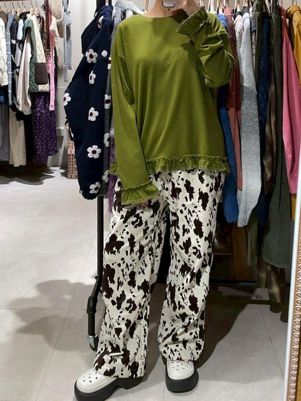 伸縮腰抽繩細燈芯絨滿版圖直筒寬褲 