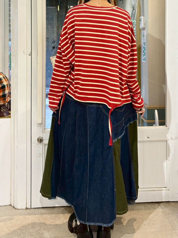 鬆緊腰異材質拼接傘狀牛仔裙 