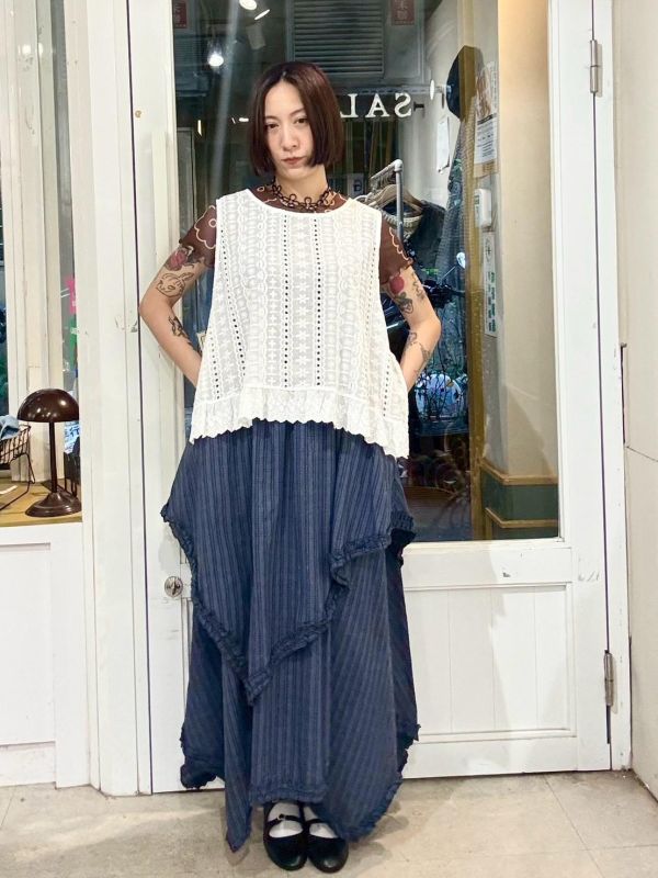 藍色格紋不規則拼接裙 