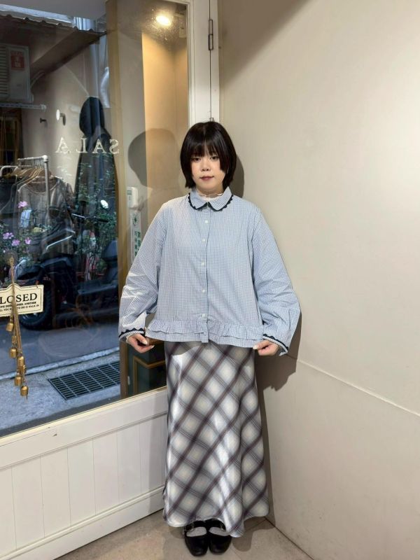 蕾絲花邊領荷葉下擺格紋長袖襯衫 