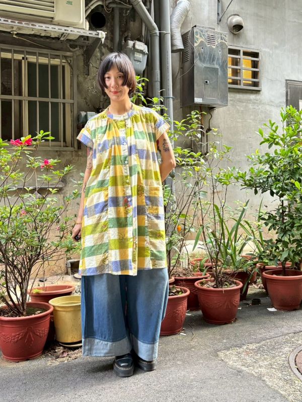 手繪花園黃綠大方格長襯衫 