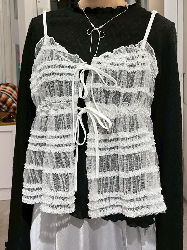 皺皺綁帶蕾絲彈力可調節吊帶背心 