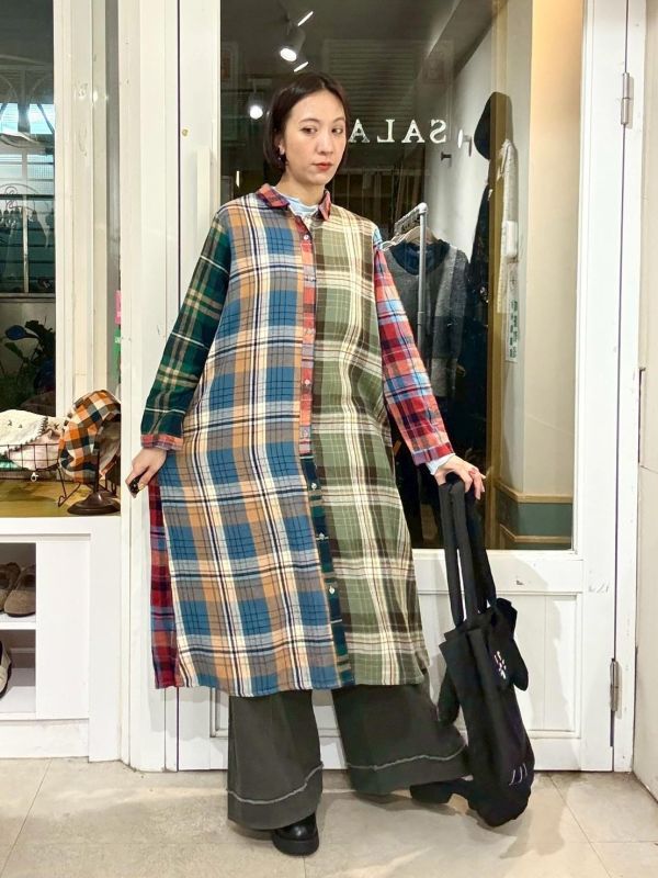 拼接格紋長版襯衫洋裝 