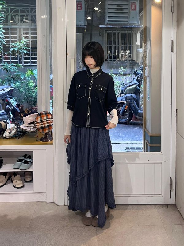 明線雙口袋短板五分袖襯衫 