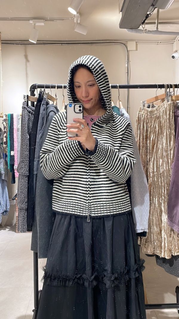 黑白條紋針織拉毛衣鏈連帽外套 