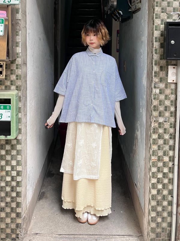 短版口袋條紋短袖襯衫 