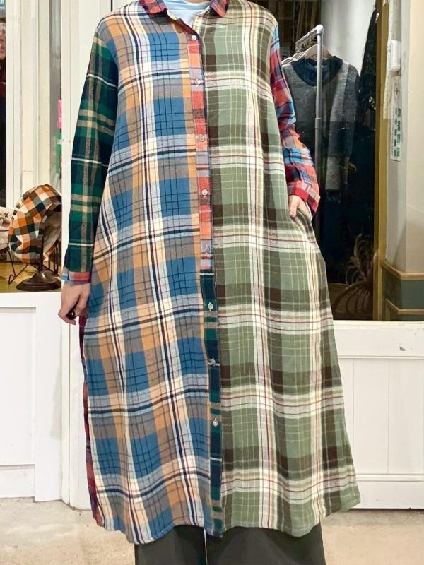 拼接格紋長版襯衫洋裝 