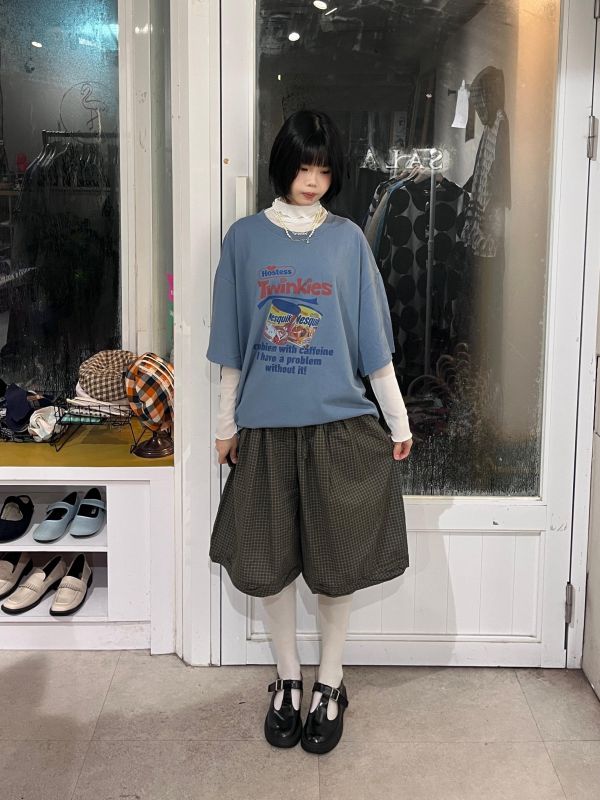 格紋澎澎花苞五分褲 