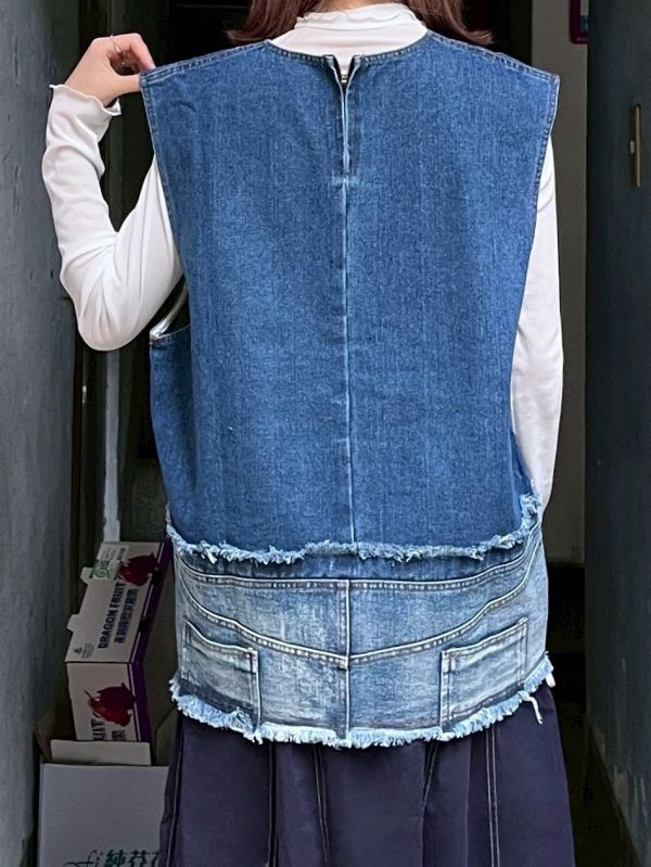 後拉鍊牛仔抽鬚拼接背心 