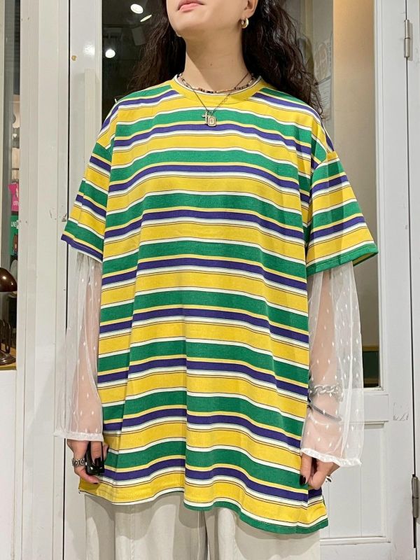 撞色條紋拼接波點假兩件落肩寬鬆上衣 