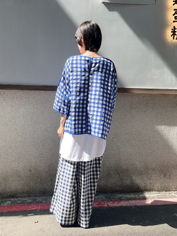 格紋泡泡布立體包邊布標上衣 