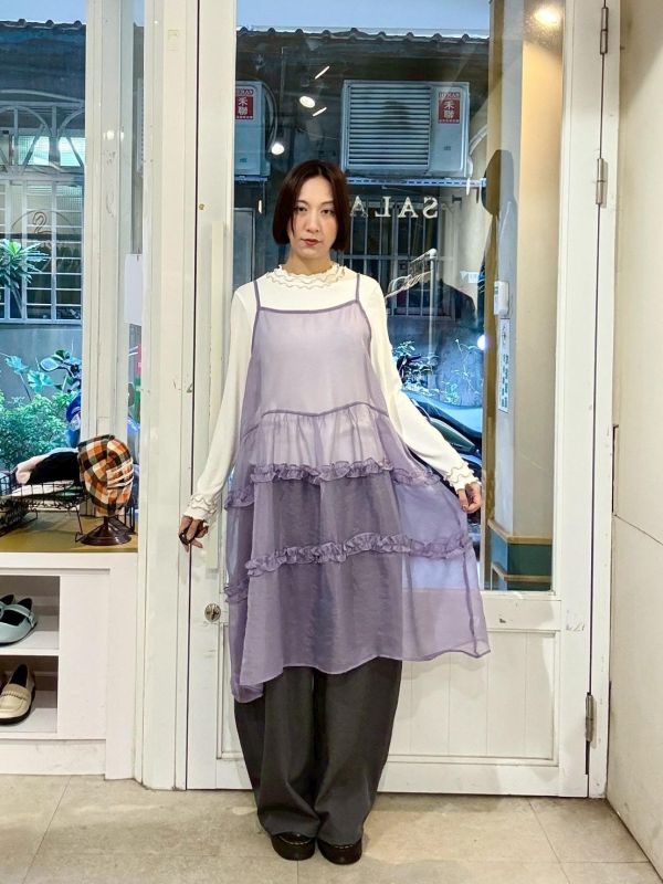 木耳拼接透紗蛋糕吊帶背心洋裝 