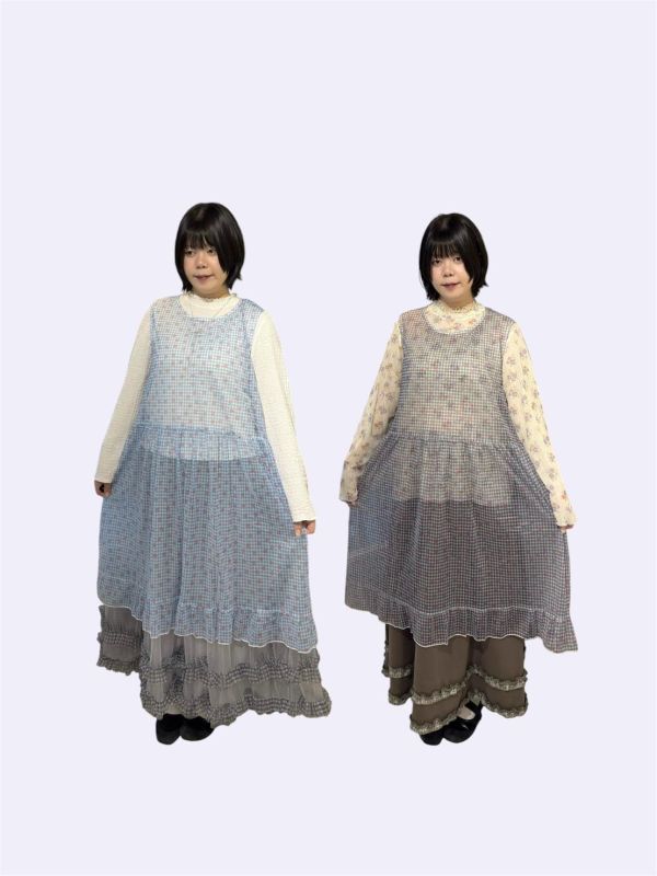 櫻桃格紋荷葉下擺透紗罩衫 