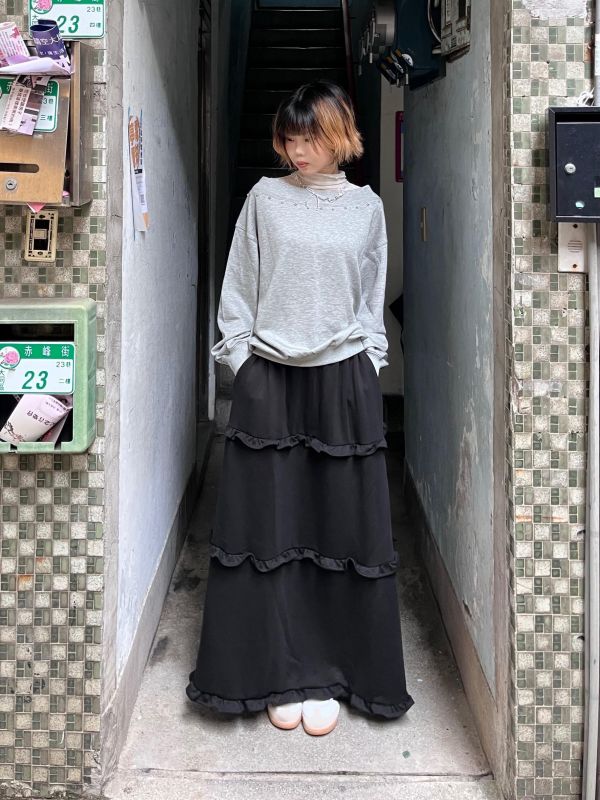 棉質滑面木耳花邊長裙 