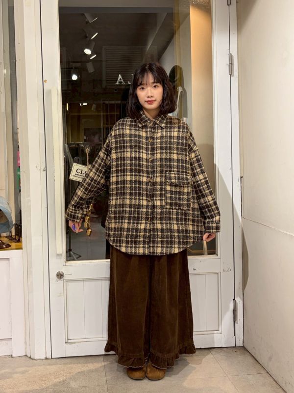 復古格紋翻蓋口袋琥珀釦絨布襯衫外套 
