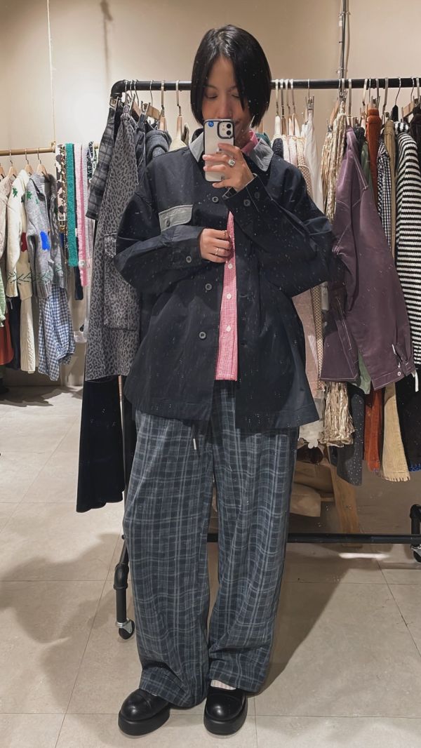 伸縮腰抽繩薄毛呢格紋褲 