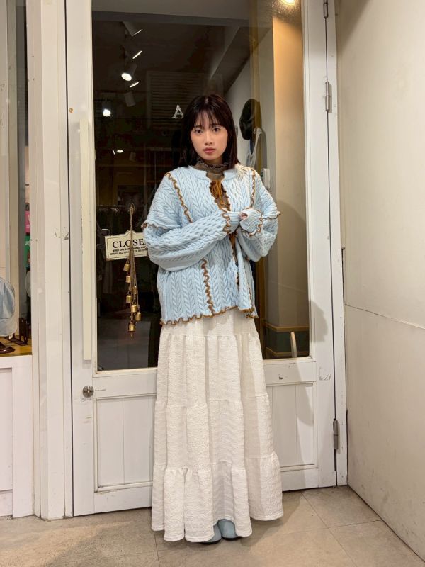 粗針織毛線撞色滾邊綁帶長袖外套 