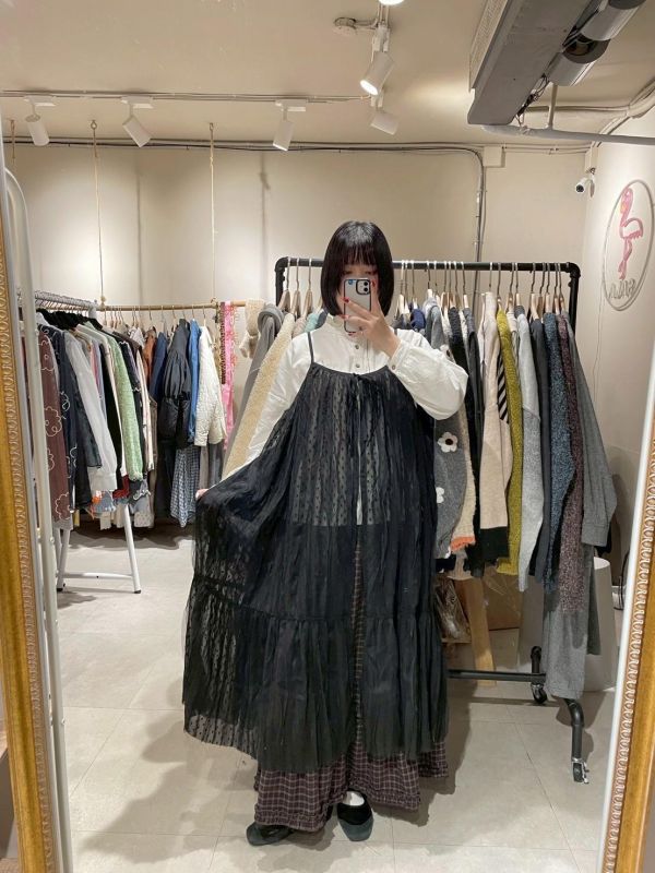 波點紗綁帶吊帶長版罩衫 