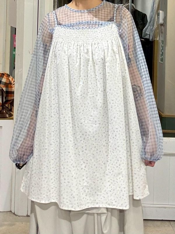 小碎花藍格子滾邊吊帶背心 