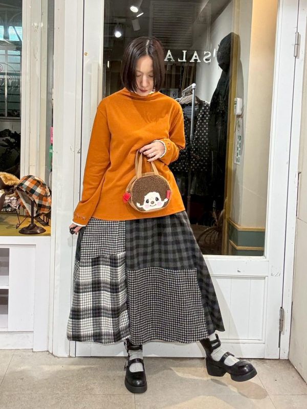 毛呢格紋拼接傘狀裙 