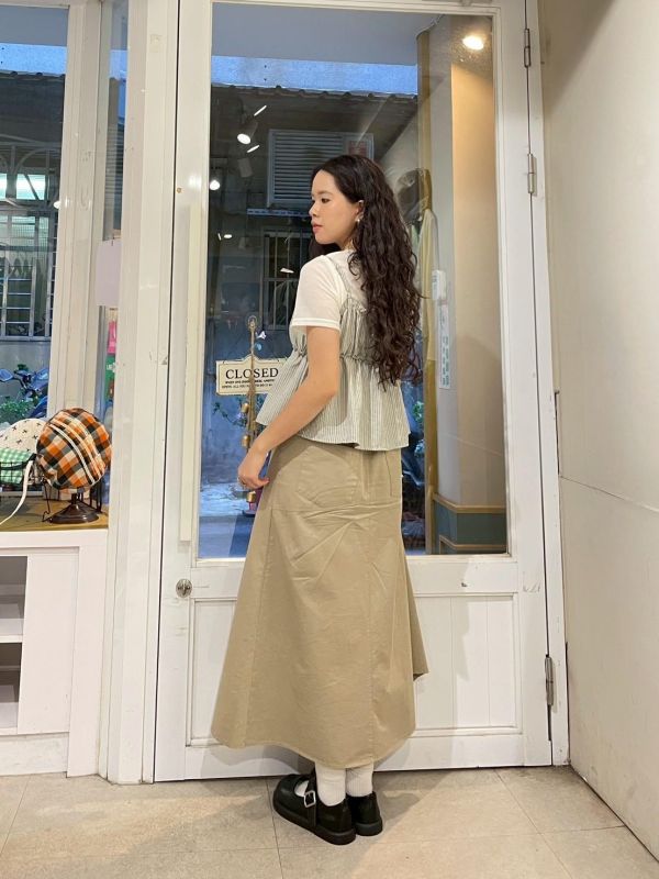 兩件式透膚短袖上衣x可調節細肩抓皺直條紋小背心 