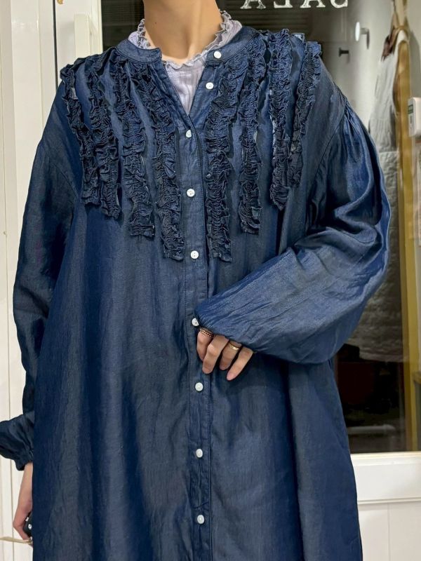 直條擠花長版牛仔洋裝 