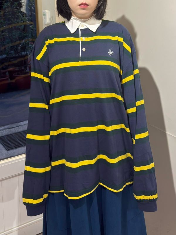 黃綠條紋白領寬鬆落肩長袖上衣 