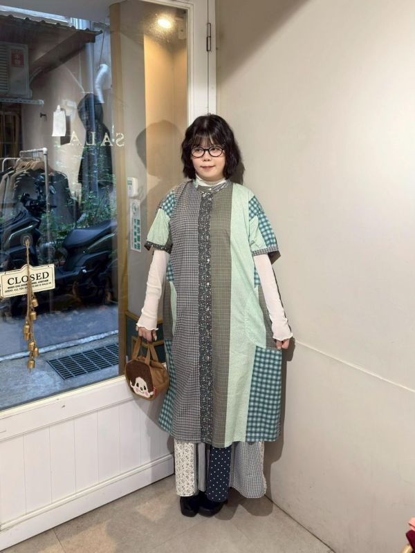 格紋碎花拼接車線口袋襯衫洋裝 