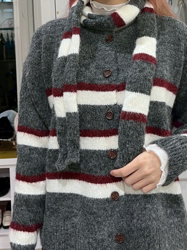 橫條紋針織排扣外套附圍巾 